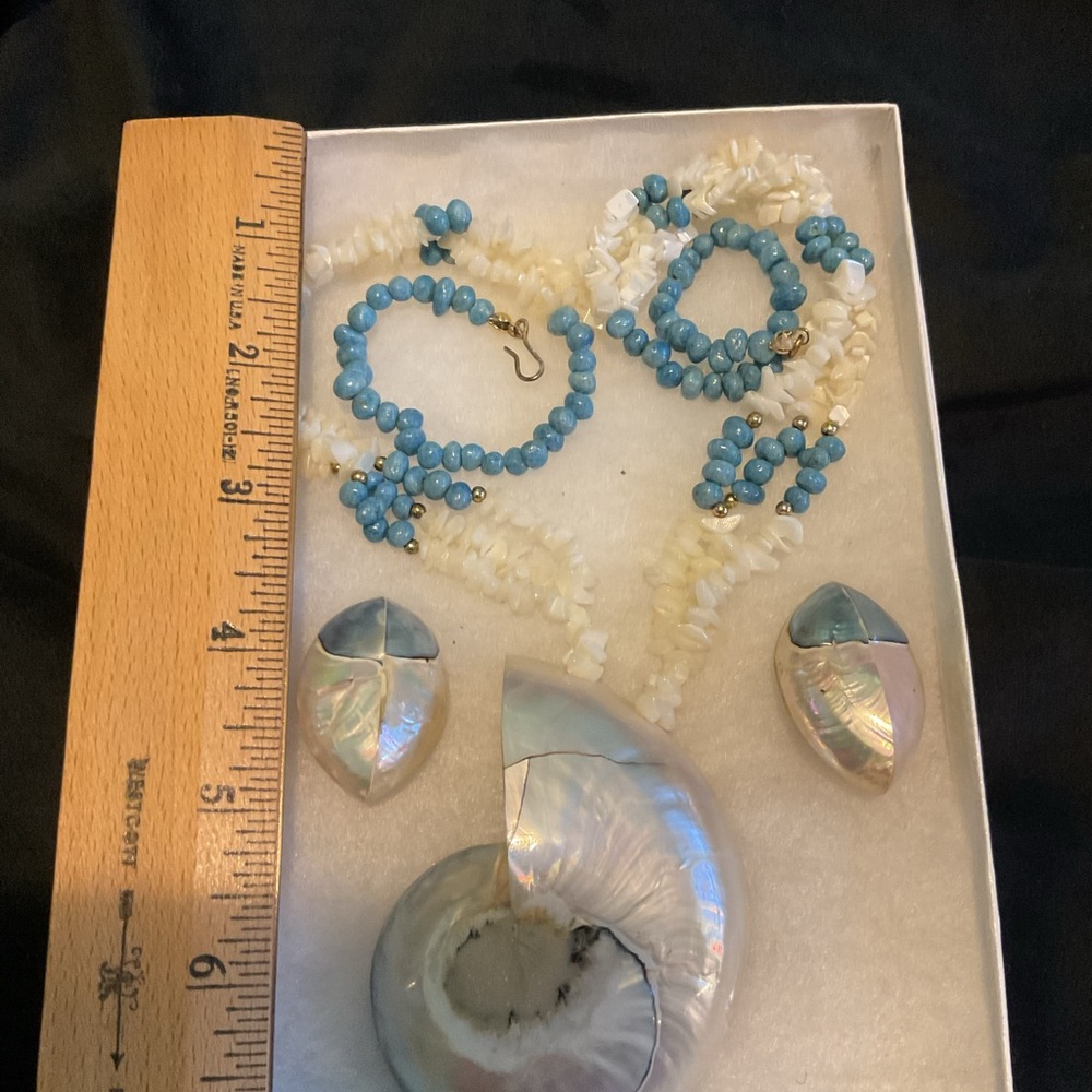 Blue and Cream Shell Jewelry 3pc Handmade Set with Clip Earrings (#3-001)